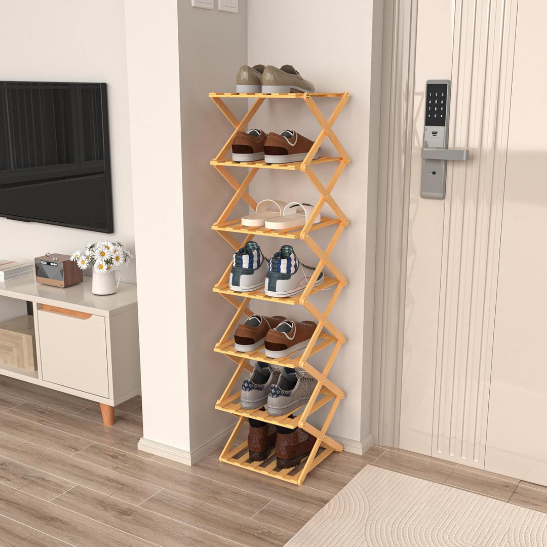 OHMG Regal aus Holz, faltbar, 7 Ebenen, Schuhregal aus Bambus, leicht, mit starker Tragfähigkeit, fü