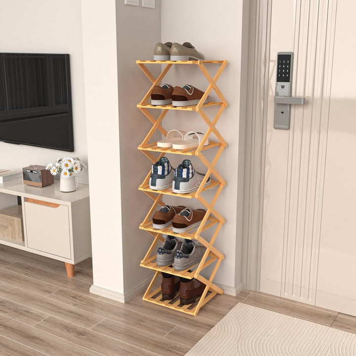 OHMG Regal aus Holz, faltbar, 7 Ebenen, Schuhregal aus Bambus, leicht, mit starker Tragfähigkeit, fü