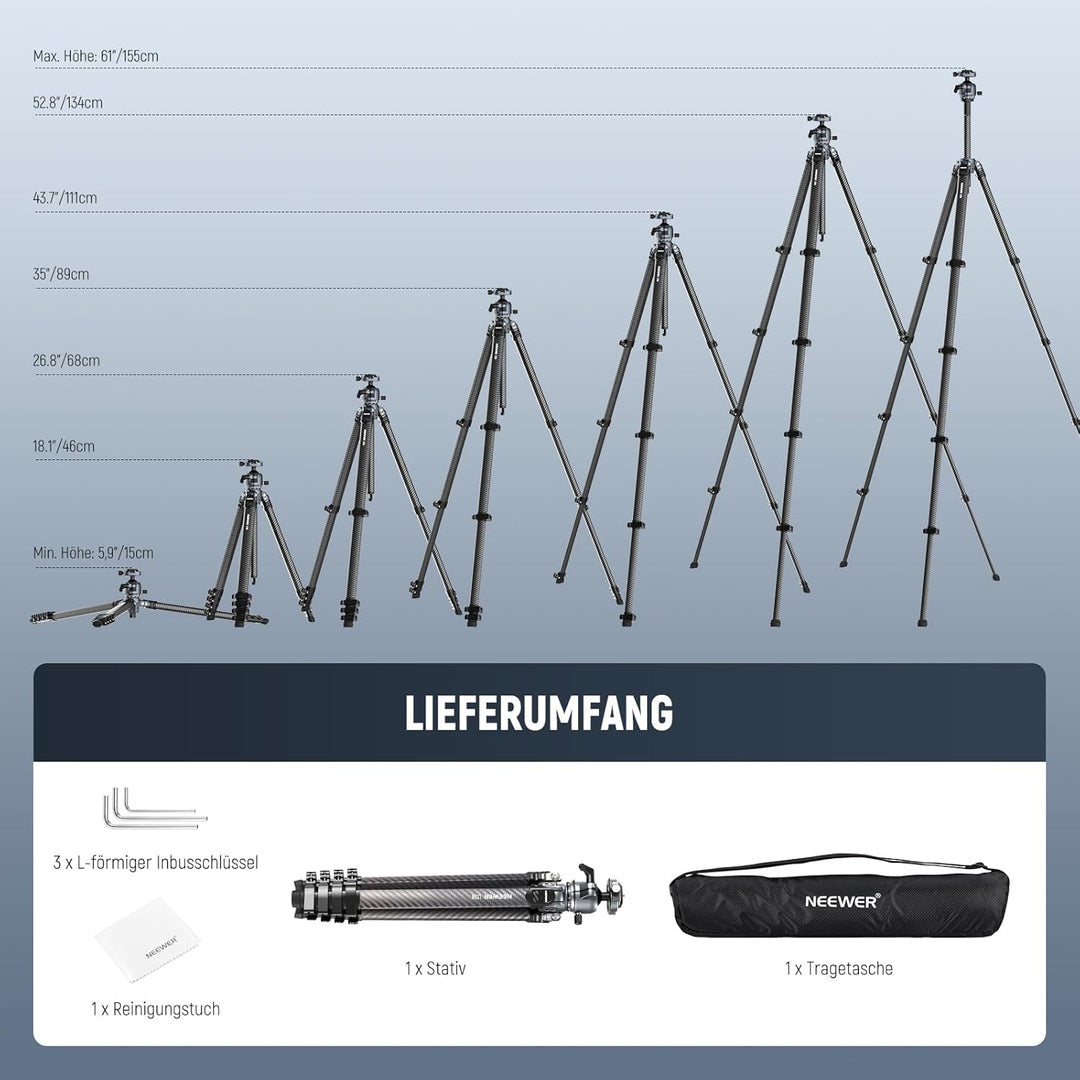 NEEWER LITETRIP LT38 61" Reisestativ Kamera, tragbarer Ständer aus Carbonfaser, 360°Kugelkopf, Arca