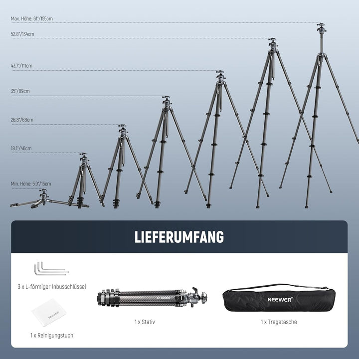 NEEWER LITETRIP LT38 61" Reisestativ Kamera, tragbarer Ständer aus Carbonfaser, 360°Kugelkopf, Arca