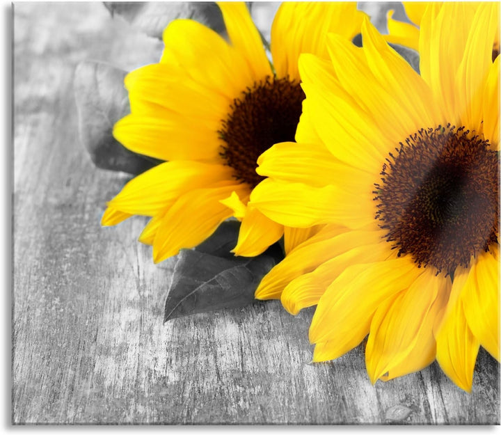 schöne Sonnenblumen auf Holztisch Herdabdeckplatte & Spritzschutz aus Echtglas | Für Herd-Kochfelder