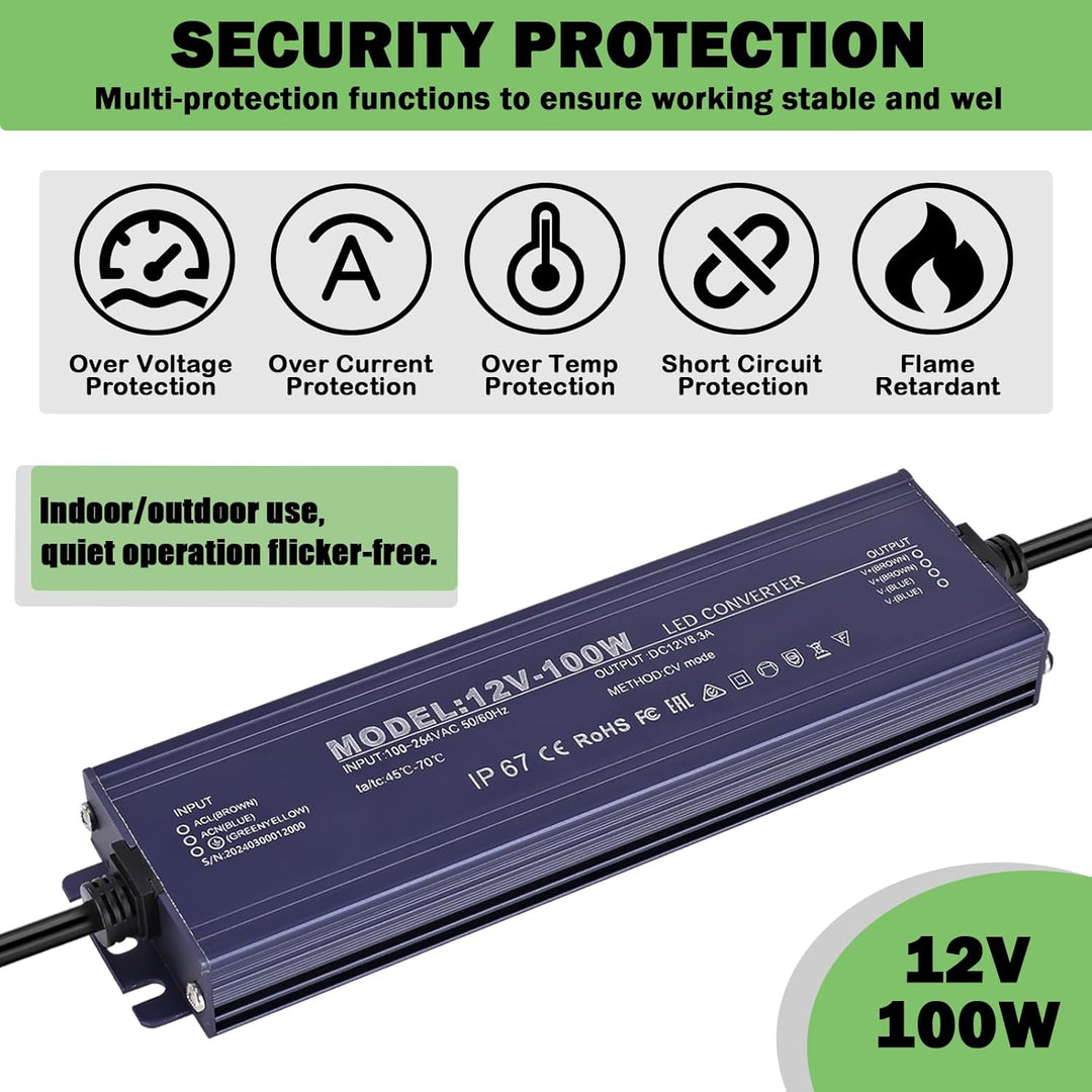 LED Trafo 12V 100W, IP67 Wasserdicht Transformator AC 100-264V auf DC 12V 8.3A LED Treiber, Ultradün