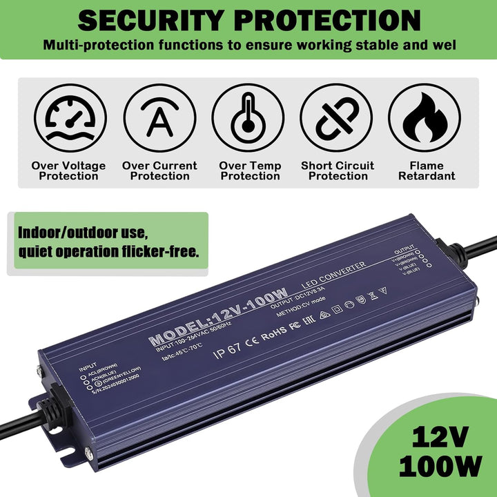 LED Trafo 12V 100W, IP67 Wasserdicht Transformator AC 100-264V auf DC 12V 8.3A LED Treiber, Ultradün