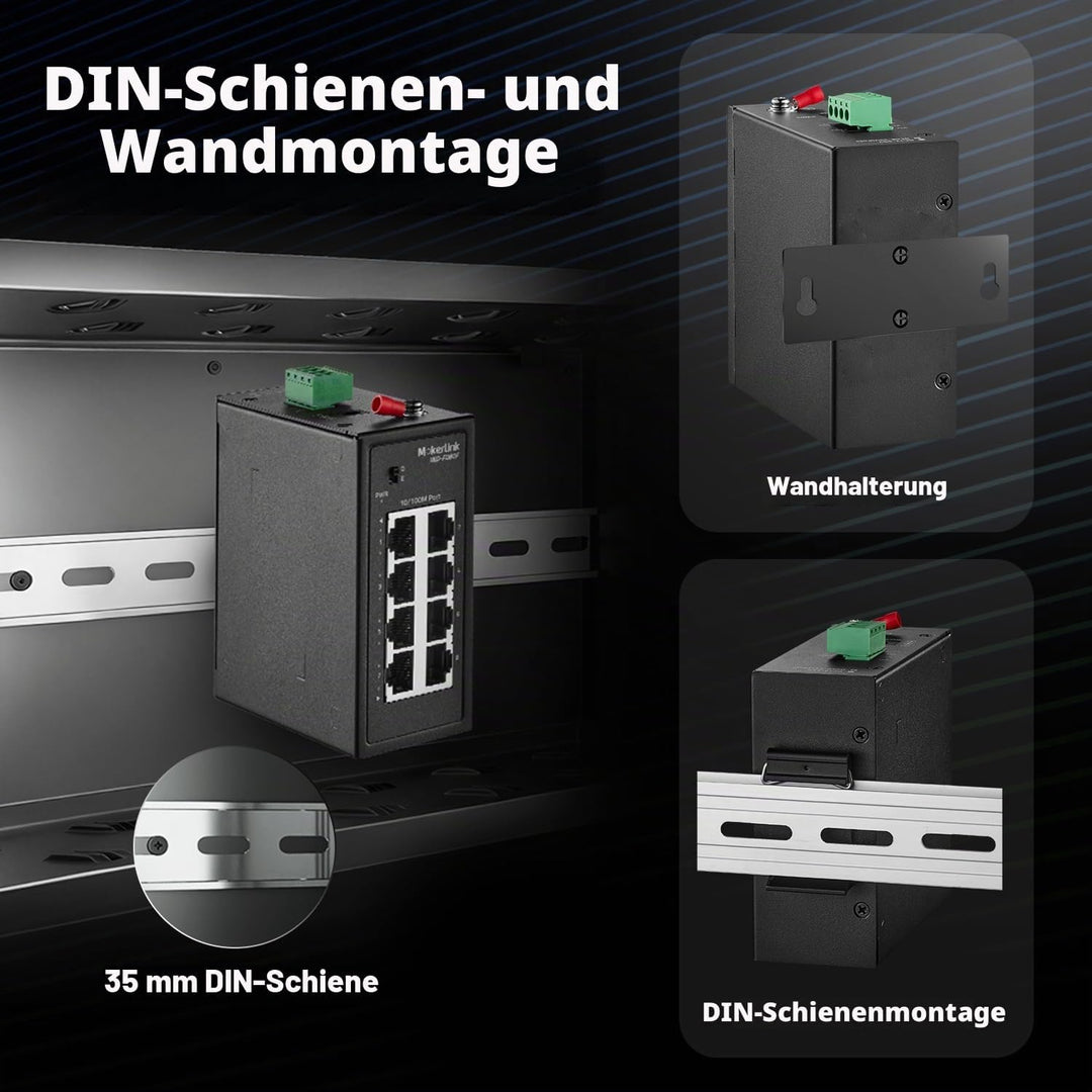 MokerLink 8-Port-Industrie-DIN-Schienenschalter, 8 x 10/100 Mbit/s Ethernet-Ports, Reichweite 250 m,