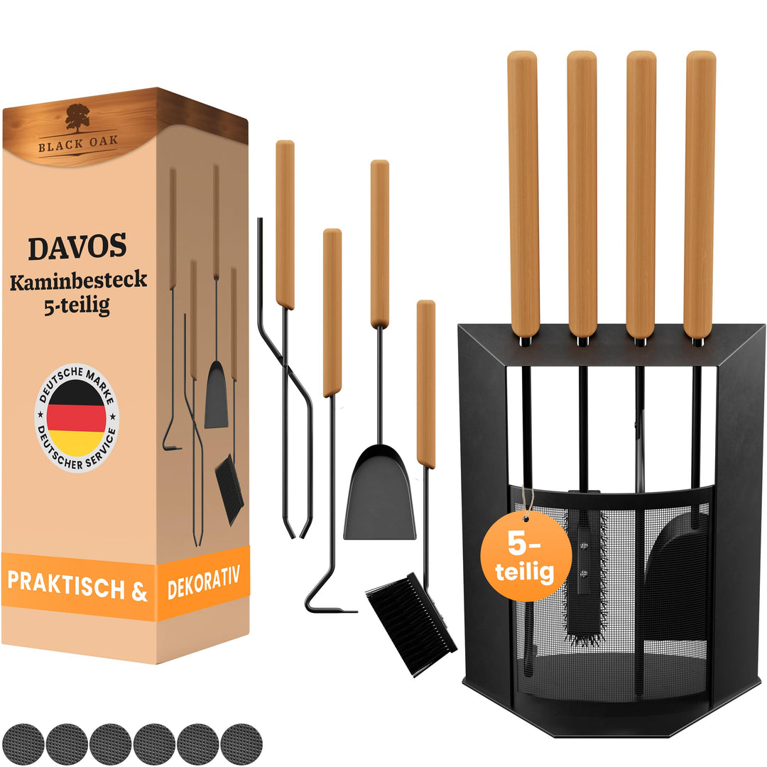 BLACK OAK Kaminbesteck DAVOS 5-teilig - edles & dekoratives Ofenbesteck Set schwarz mit Holzgriff 5