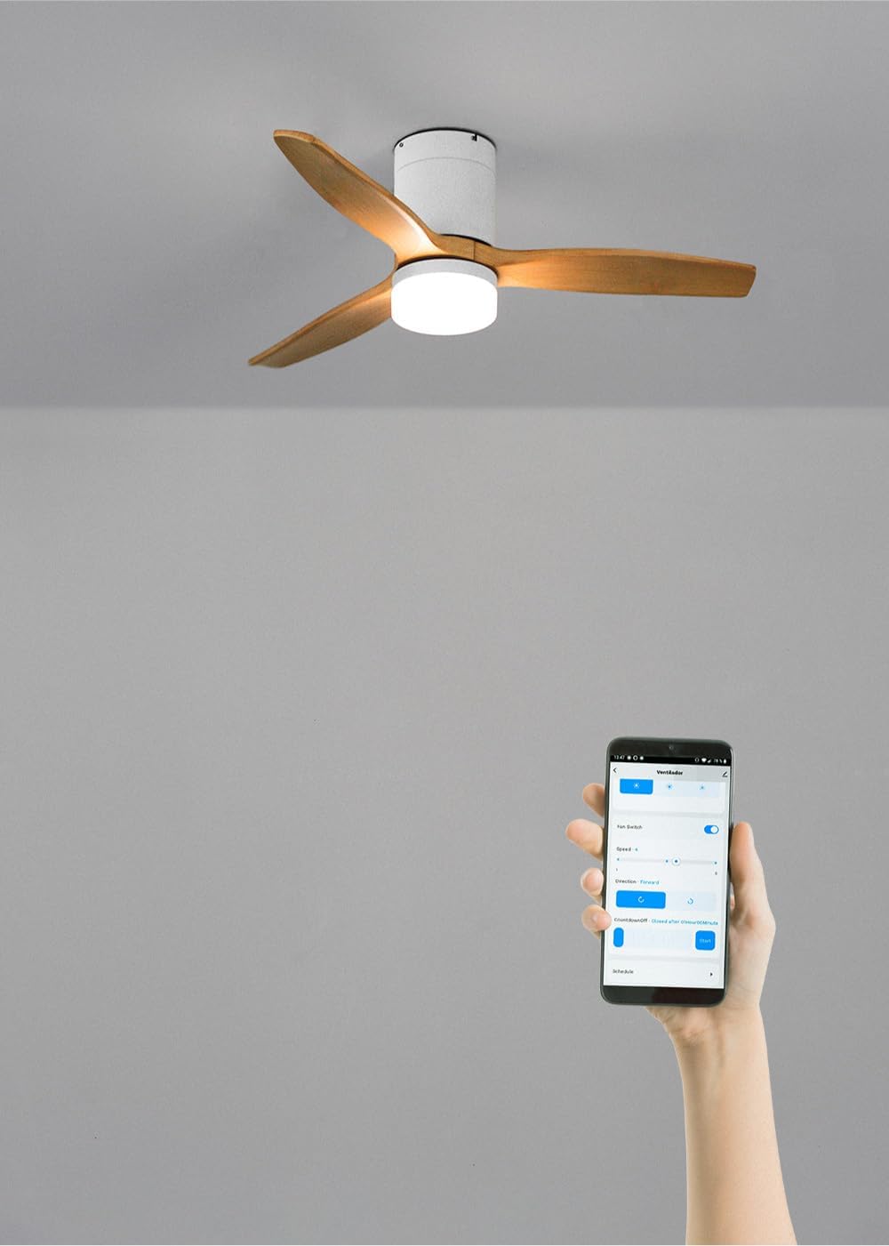 CREATE / WINDCALM S/Deckenventilator ABS mit Beleuchtung Weiss Hellesholzflügel mit WLAN und Fernbed