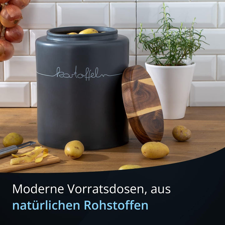 KHG Kartoffel Aufbewahrung, Keramik Steingut poliert, Anthrazit Grau mit Holz-Deckel, 4kg Kartoffeln
