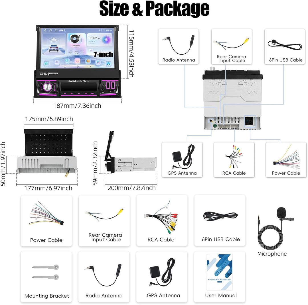 CAMECHO [Android 15] 2+64G 7 Zoll Autoradio 1 Din Wireless Carplay Touchscreen Navi Radio Ausfahrbar