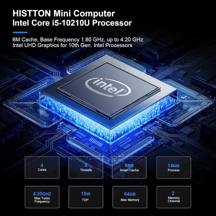 HISTTON Lüfterlos Mini PC Core i5-10210U, 16GB RAM 512GB M.2 SSD, Industrie PC mit 6 RS232 COM, HD+D