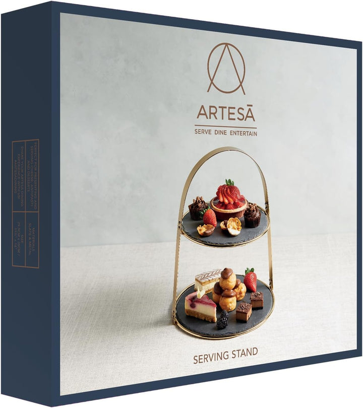 Artesà Tortenständer, 2-stöckig, mit runden Schieferplatten und Messingoberfläche, 29,5 x 29,5 x 35