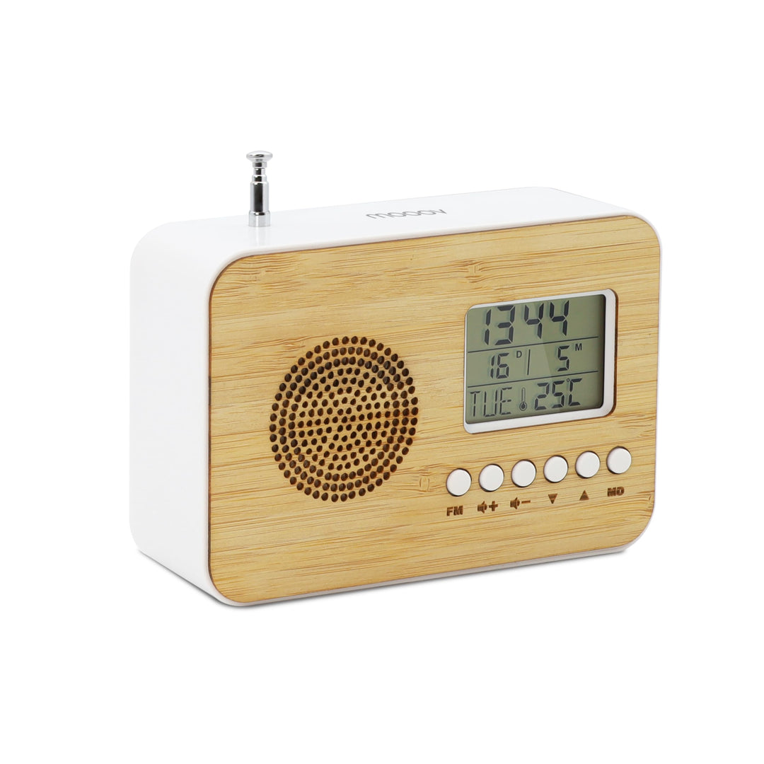 Mooov 477320 Reisewecker Bamboo, LCD-Display, integriertes Radio, Sleep-Funktion, Innentemperaturanz