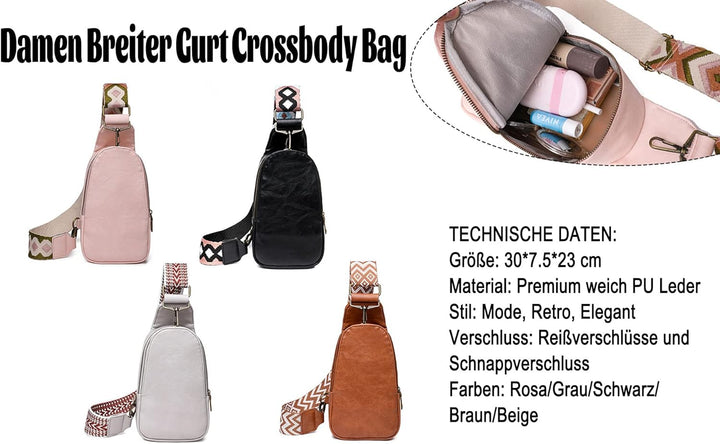 HAWILL Damen Crossbody Bag mit Breiter Gurt Klein Umhängetasche Leder Brusttasche Vintage Schulterta