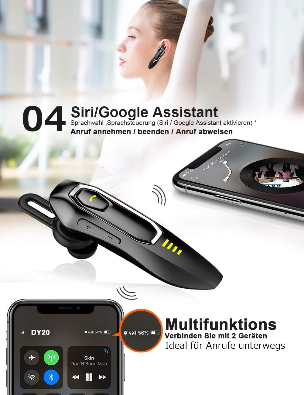 Bluetooth Headset Handy V5.0 mit Mikrofon, Unterdrückung von HD-Sprachgeräuschen, 30 Hrs Talking und