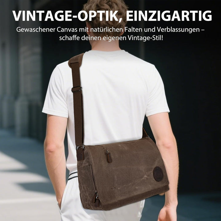 Leathario Umhängetasche Herren 14 Zoll, Messenger Bag aus Echtleder und Geöltem Segeltuch, Arbeitsta