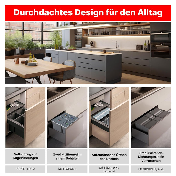 Mülltrennsystem 9 XL für 90 cm Schublade - Einbau-Mülleimer mit 3 Fächern (2x 20 L, 1x 9 L), Abfalle