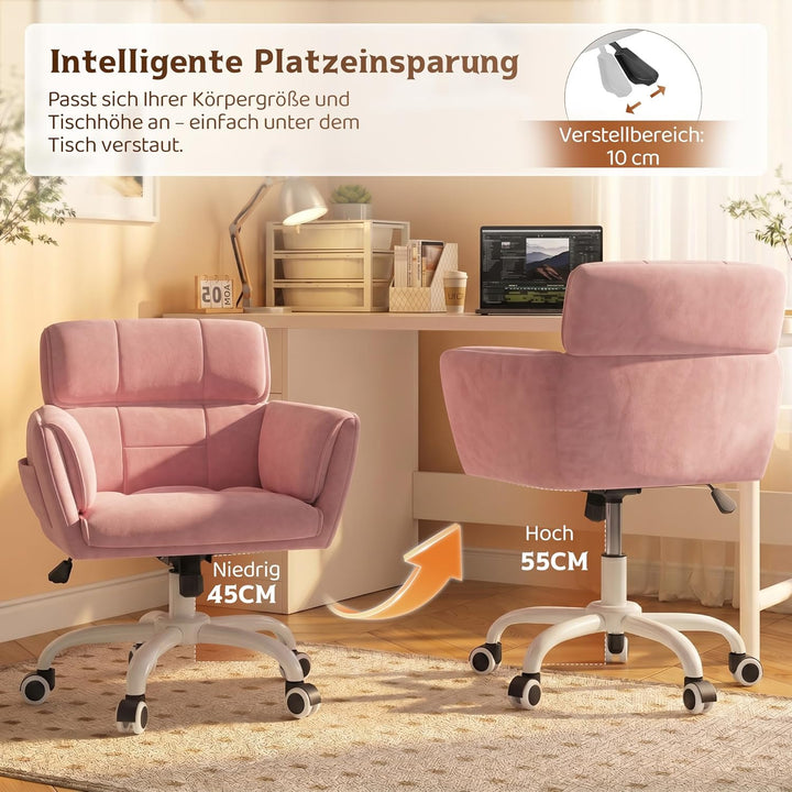 Schreibtischstuhl, Schminktisch Stuhl mit Samtbezug, Neigbarer & Höhenverstellbarer Bürostuhl, bis 1