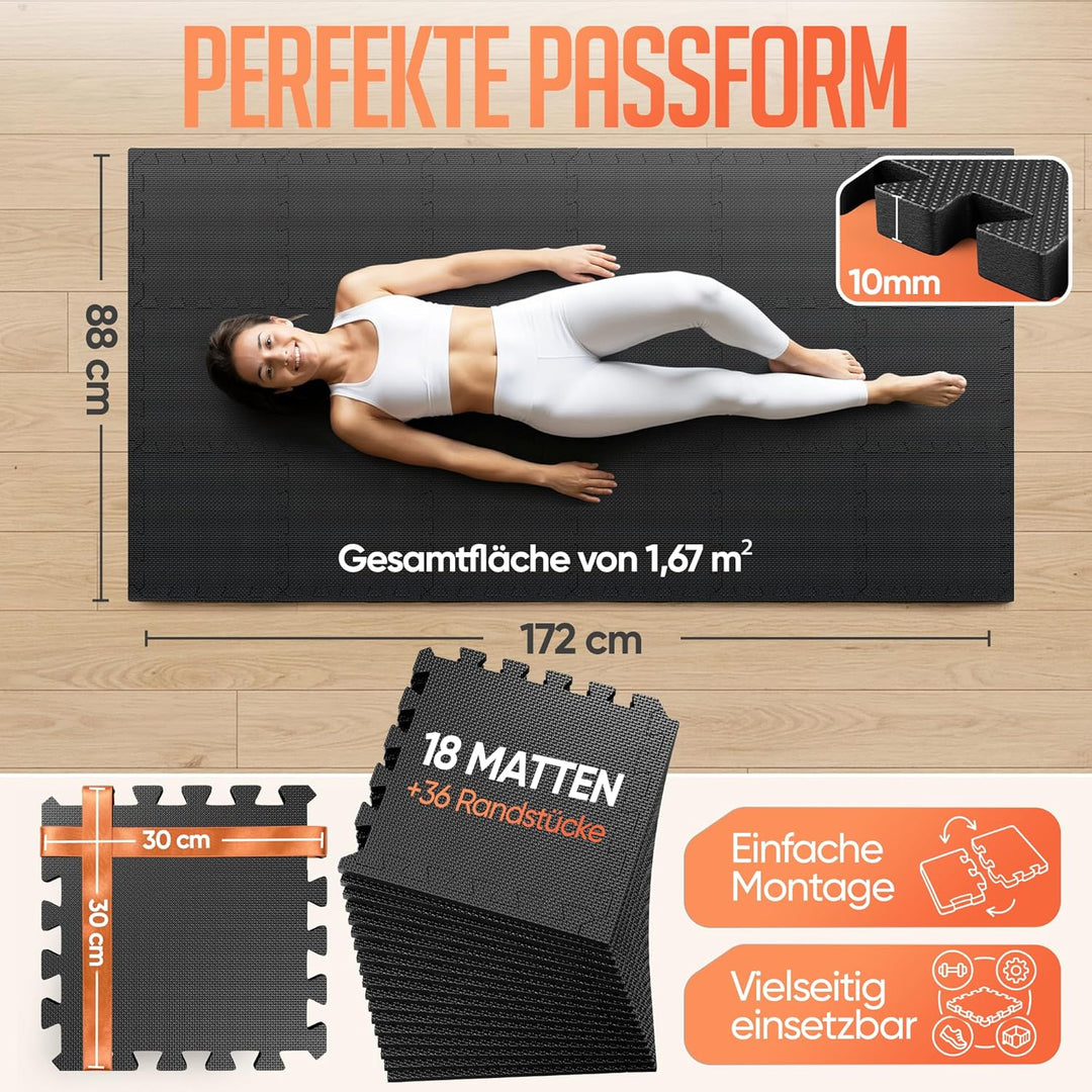 Bodenschutzmatte Fitness inkl. gratis Antirutschmatte & Zipperbag - 18/36/54 Puzzlematten - 30x30x1c