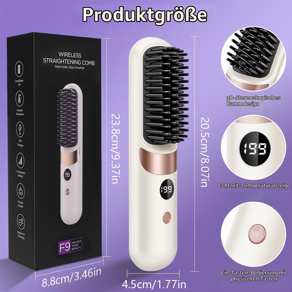 LOPHE Glättbürste, 2 in 1 Haarglätter Bürste mit LED Display, Hair Straightener Kabellos und Verbrüh