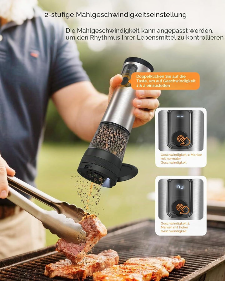 AMOSA Salz Und Pfeffermühle Elektrisch Set, Verbesserte 2-Gang-Stellung | 5 Stufen Äusserlich Verste