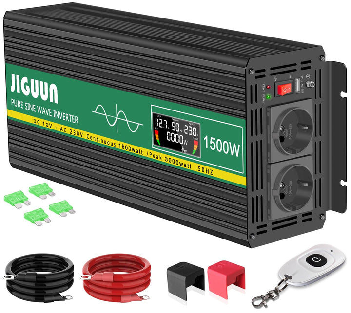 JIGUUN 1500W Wechselrichter Reiner Sinus Spannungswandler 12V 230V Inverter mit 2 EU Steckdosen& 2.1