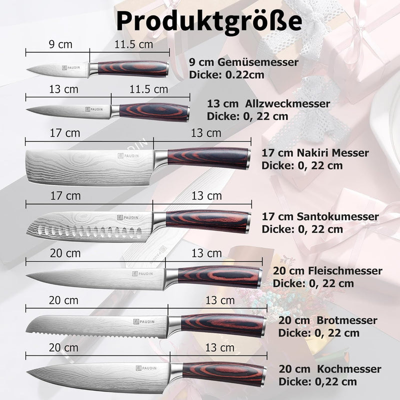 PAUDIN Messerset 7-teilig, Küchenmesserset aus hochwertigem Edelstahl, Profi Kochmesser mit scharfer