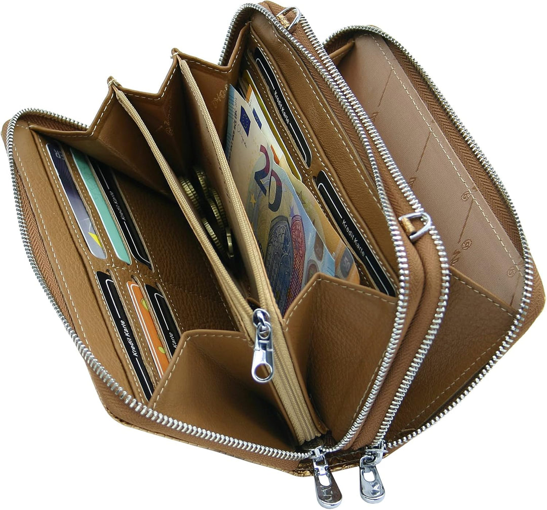 Jennifer Jones - Echt Leder Handtasche mit Handyfach - 2in1 Handytasche & Geldbörse mit RFID-Schutz