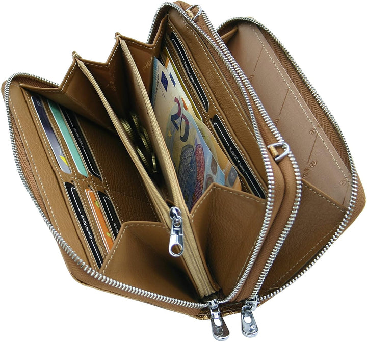 Jennifer Jones - Echt Leder Handtasche mit Handyfach - 2in1 Handytasche & Geldbörse mit RFID-Schutz