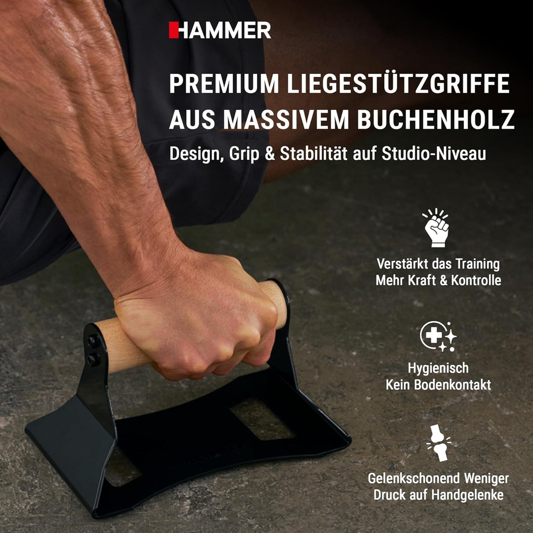 HAMMER Liegestützgriffe NorsK, 2er Set, Push Up Bars Buchenholz, rutschfest, ergonomische Griffhöhe,