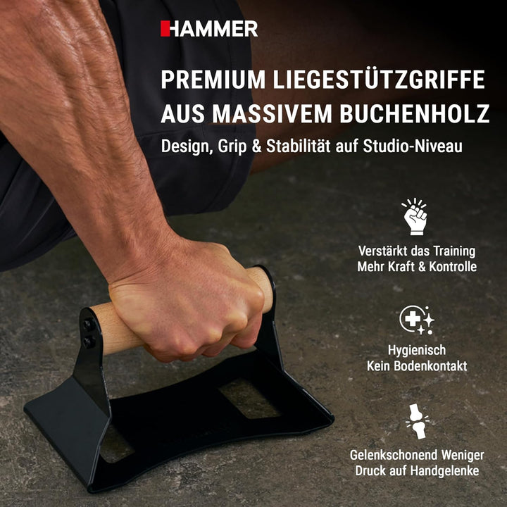HAMMER Liegestützgriffe NorsK, 2er Set, Push Up Bars Buchenholz, rutschfest, ergonomische Griffhöhe,