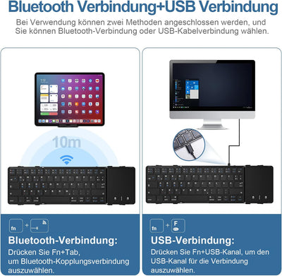 Bluetooth-Tastatur, faltbar, mit Touchpad, kabellose Falttastatur (Bluetooth-Verbindung + USB-Kabelv