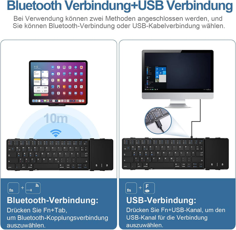 Bluetooth-Tastatur, faltbar, mit Touchpad, kabellose Falttastatur (Bluetooth-Verbindung + USB-Kabelv
