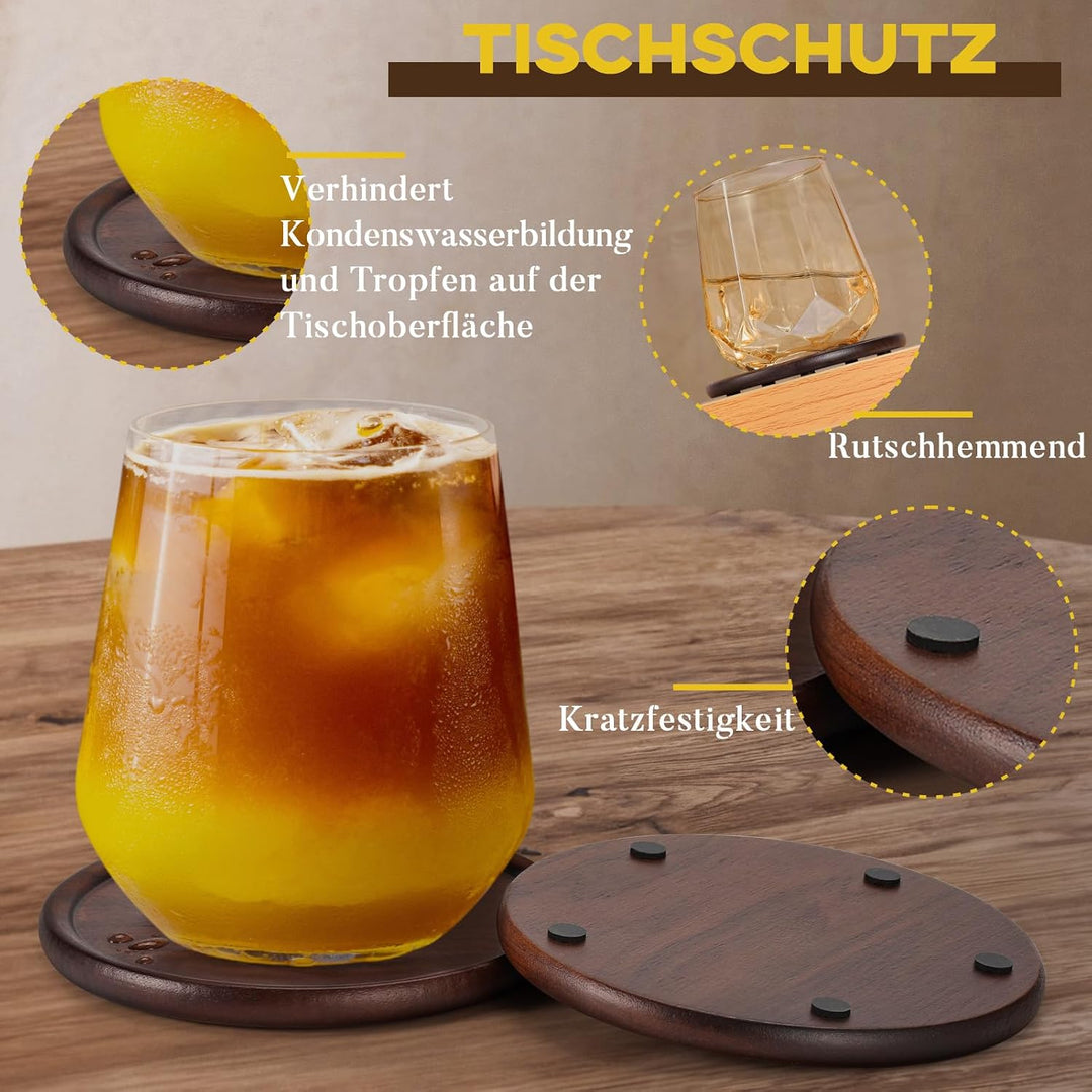 GOH DODD Getränkeuntersetzer aus Holz mit Lederhalter, 10,2 cm, 8 Stück, Holz-Untersetzer, Tassenunt