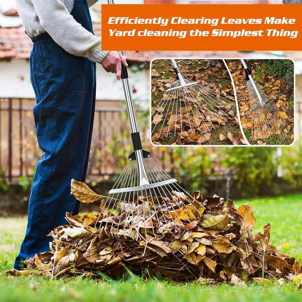 Verbreiterter Laubrechen 22-44cm,Gartenrechen mit 2.15M Verstellbare Metallstange und Handschuhe,Lau
