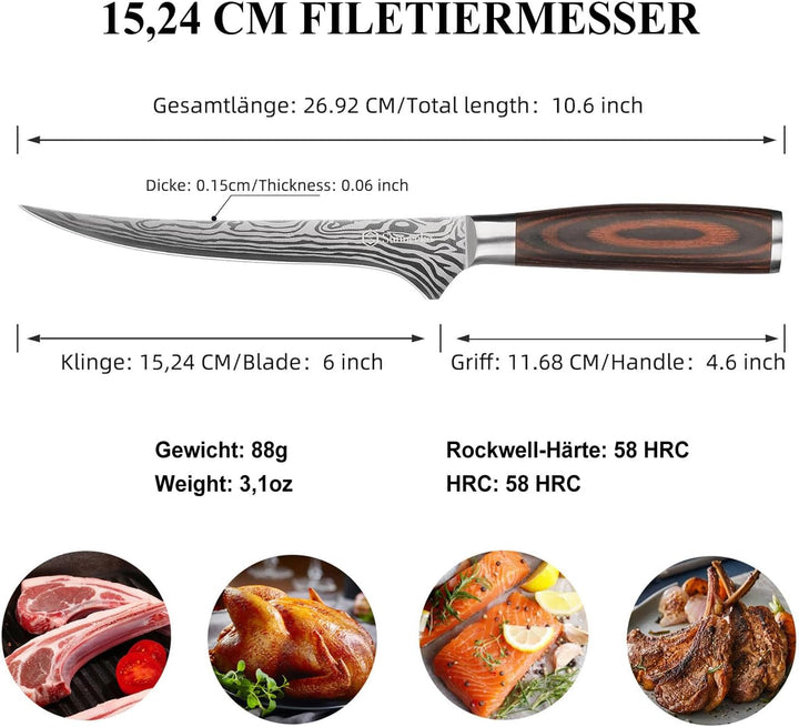 Sunnecko 15cm Filetiermesser Küchenmesser Kochmesser Profi Messer - Fleisch Profi Küchenmesser Messe