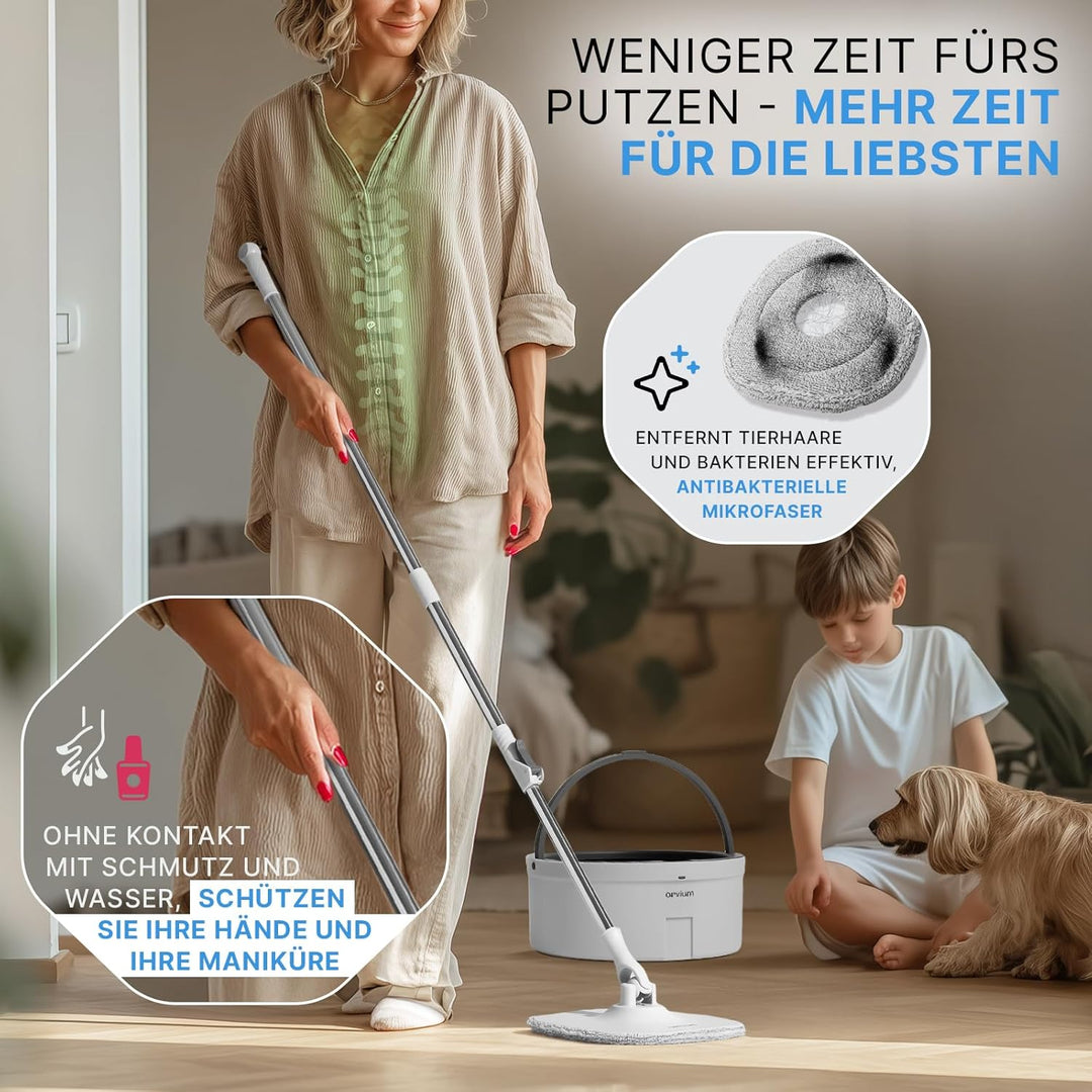Wischmopp Set mit Eimer [2-Kammer-System mit 4 Mikrofaser Pads] Mop Wischmopp Bodenwischer | Wischer