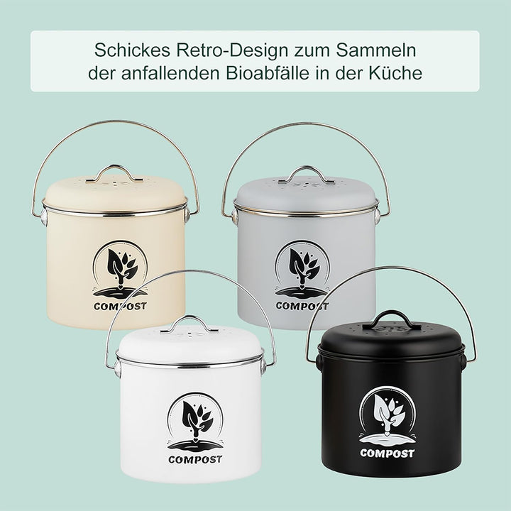 Relaxdays Komposteimer Küche, 3,5 Liter, 2 Aktivkohlefilter, mit Deckel, Henkel, Eisen, Biomüllbehäl