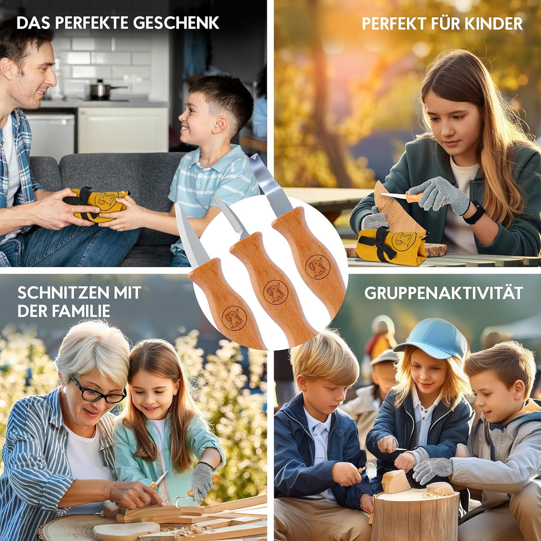 Eli® Schnitzmesser Kinder Set ab 6 Jahre inkl. Schnitzfiguren und Handschuhe - hochwertiges Kinderme