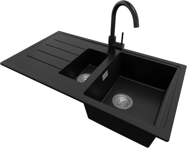 Spülbecken Schwarz 90 x 50 cm, Granitspüle + Küchenarmatur + Ablauf-Set, Küchenspüle ab 60er Untersc