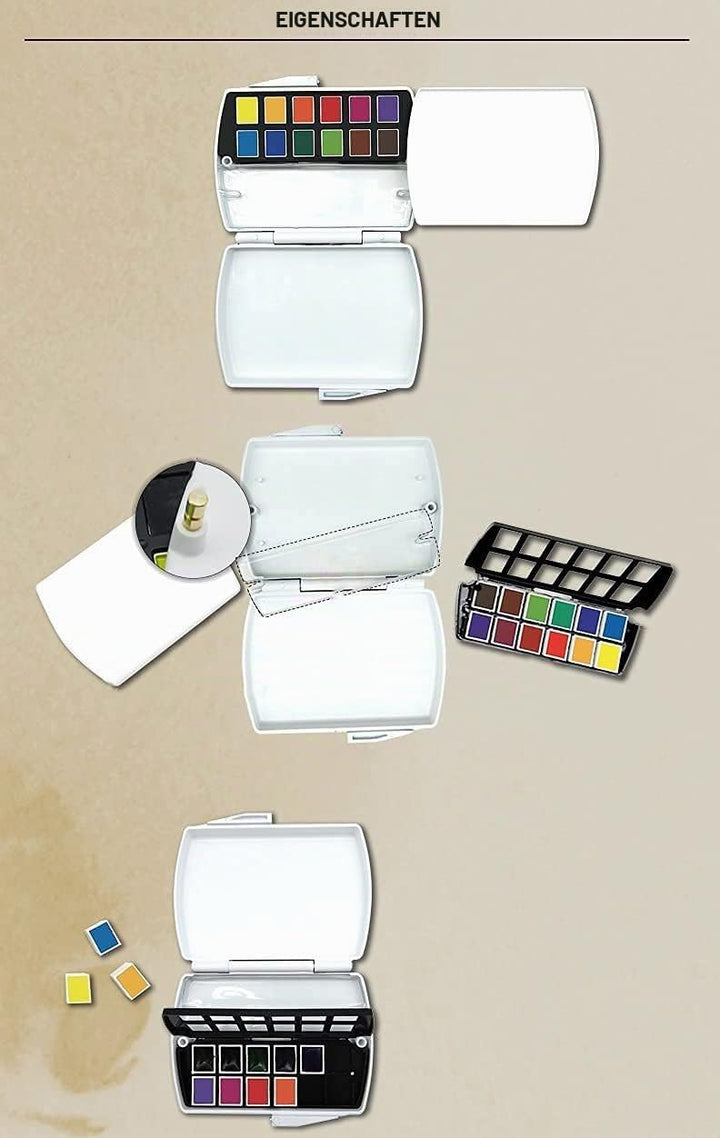 MIJELLO 87028 Mission Gold Aquarell-Kasten mit 1/2 Näpfchen, cadmiumfreie Künstler-Aquarellfarbe, 24