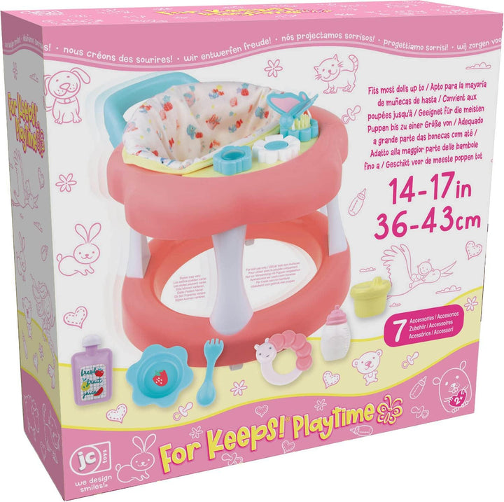 JC Toys - Rollator für Puppen bis 43 cm, mit Rädern, + 6 Zubehörteile, Rosa, ab 2 Jahren