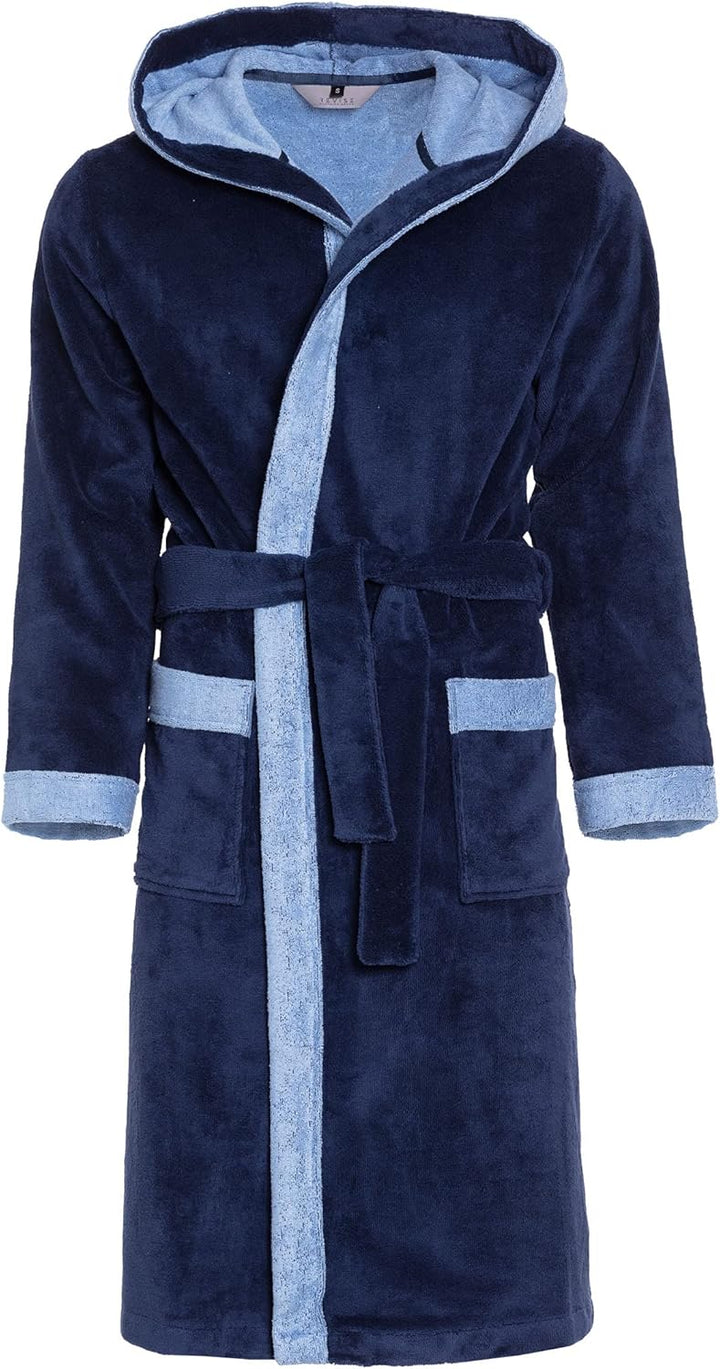REVISE Herren Bademantel RE-855 - mit Bambus faser - mit Kapuze - Saunamantel S Dunkelblau mit Blau