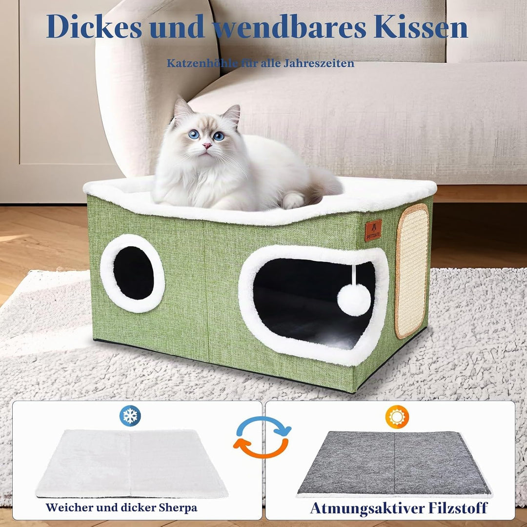 Extra Grosse Katzenhaus Indoor, 2-stöckige Kuschelhöhle mit Kratzbrett und Spielball, Katzenhöhle fü