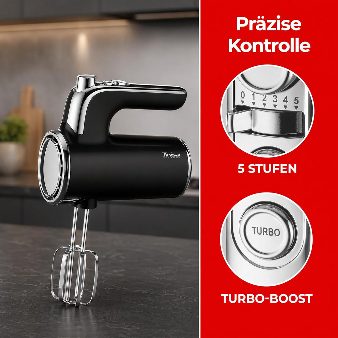 Trisa Handrührgerät - 6 Geschwindigkeiten mit Turbo, Langsamer Start, Chrom-Design, Edelstahl Rührbe