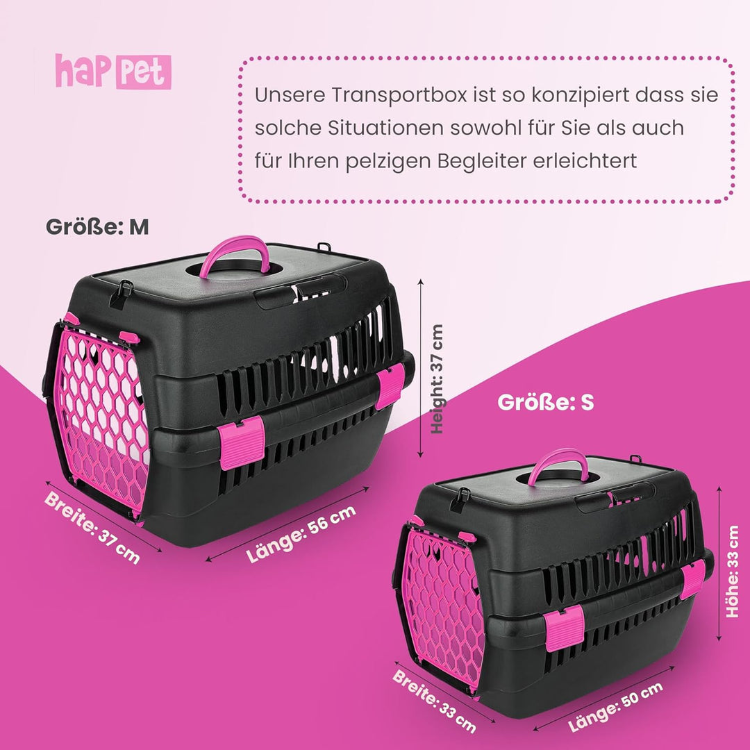 HAPPET Tiertransportbox Teddy M Fuchsia 56x37x37 cm – Robuste, gut belüftete Transportbox für Katzen