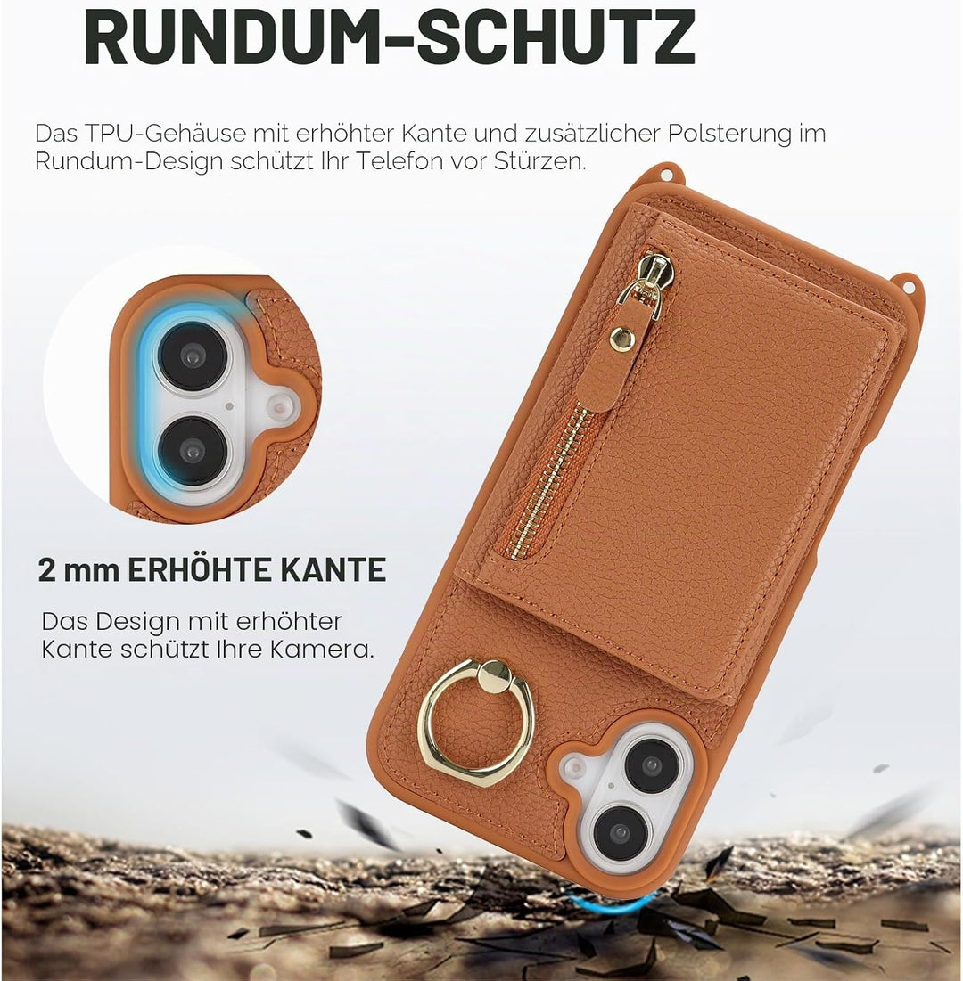 ELTEKER Handyhülle für iPhone 17 Hülle mit Band, Kartenfach Ringhalterung Reissverschluss Geldbörse,