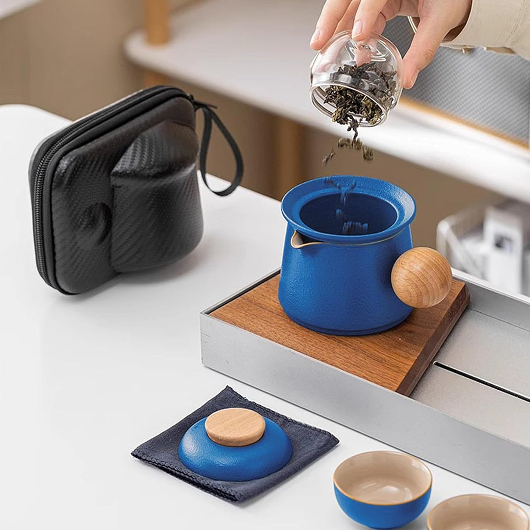 fanquare Porzellan Teeservice Blau Tragbarer Teeservice für unterwegs Chinese Kung Fu Teekanne mit I