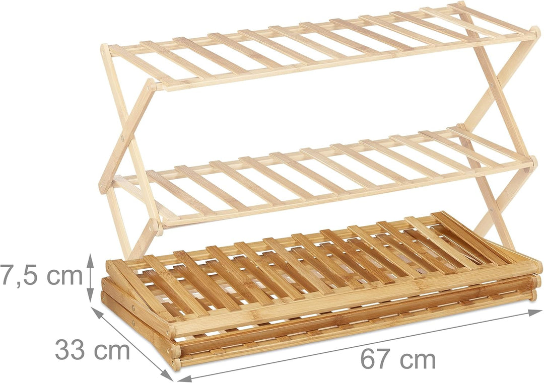 Relaxdays faltbares Schuhregal, 3 Ebenen, Bambus Schuhständer, Natur | HBT: 46x67x26 cm, 9 Paar Schu
