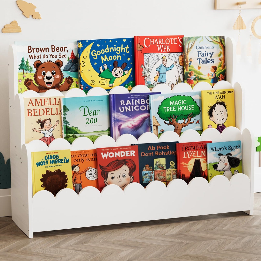 SpaceAid 3-stufiges Kinder Bücherregal mit geschwungenen Kanten, Montessori Bücherregal für Kleinkin