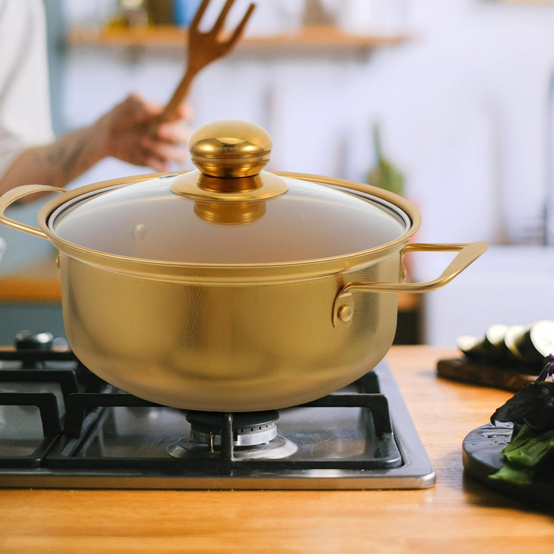 BESTYASH Induktionsgeeigneter Edelstahl Ramen Topf Mit Glasdeckel Goldene Kleine Kochpfanne Doppelte