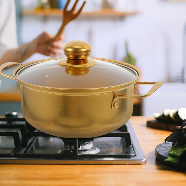 BESTYASH Induktionsgeeigneter Edelstahl Ramen Topf Mit Glasdeckel Goldene Kleine Kochpfanne Doppelte